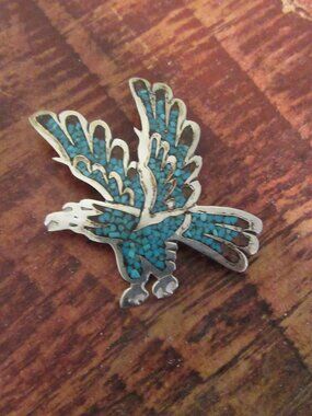 Vintage Stirling Silver 925 Flying Turquoise Eagle Bird Pendant/Pin Marked